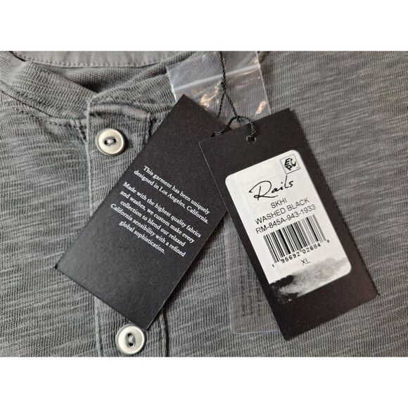 RAILS Skhi Henley Shirt Mens Sz XL Washed Black Stretch Long Sleeve Cotton - Picture 3 of 8